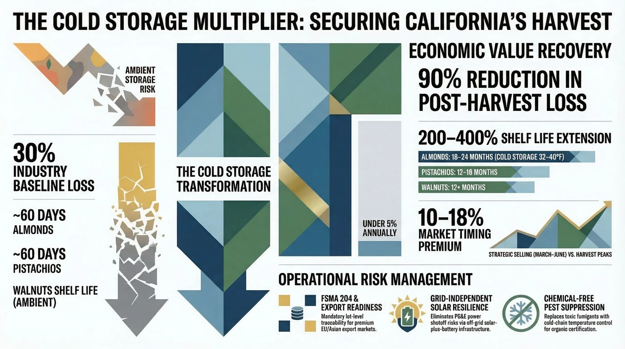 Infographic showing cold storage benefits and ROI multipliers for California agriculture — Central Valley Cold Storage, Madera CA