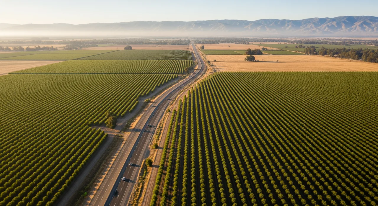 Aerial view of Highway 99 through Madera County almond orchards connecting Chowchilla and Madera California