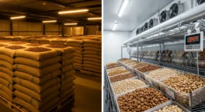 Side-by-side comparison of conventional dry storage versus refrigerated cold storage for California tree nuts