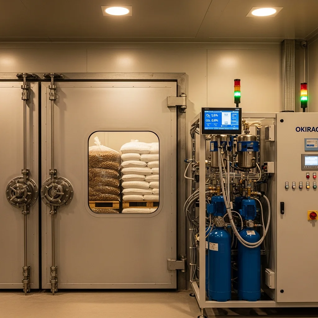 Controlled atmosphere storage chamber with nitrogen generators for California tree nut preservation