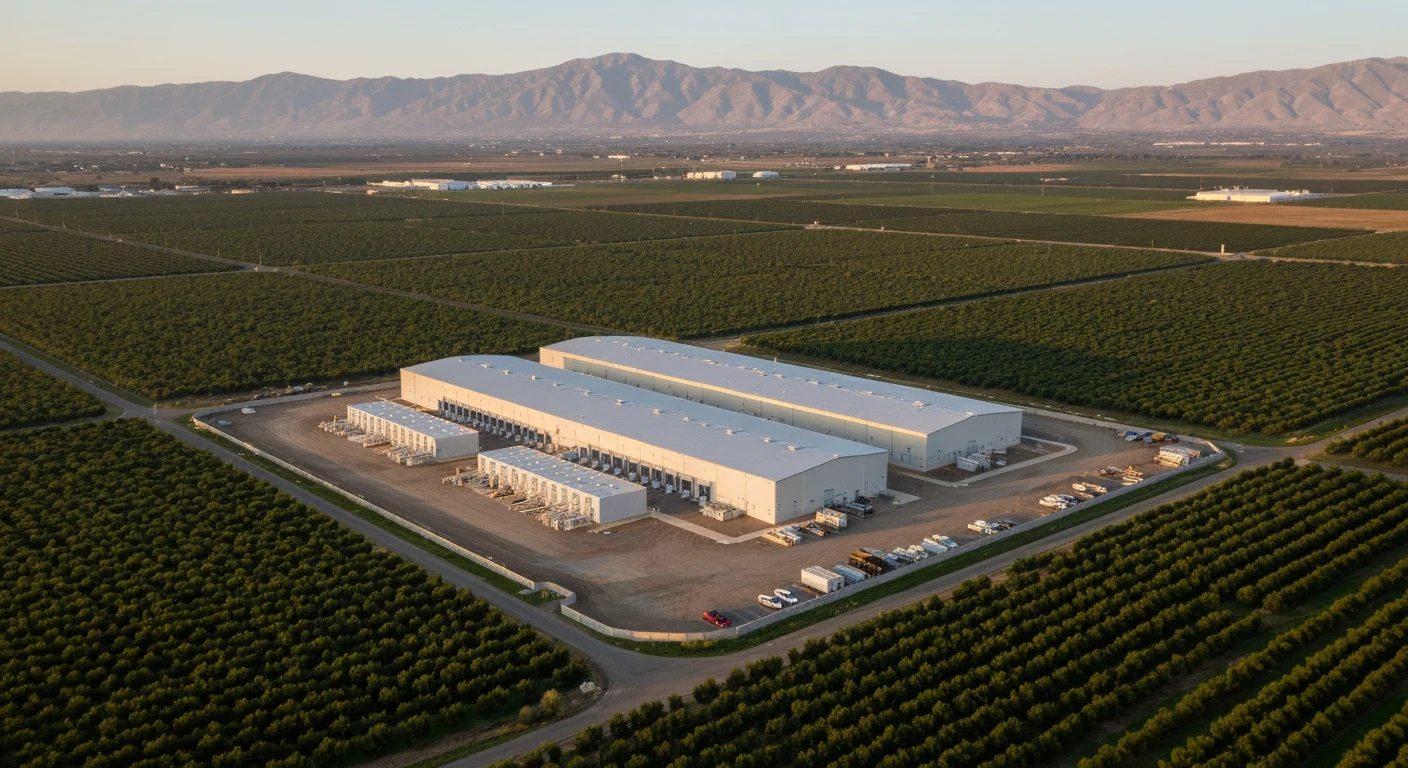 Cold storage warehouse facility in Fresno, California surrounded by Central Valley agricultural land
