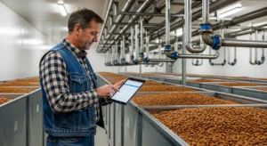 California almond grower reviewing commodity prices on tablet inside refrigerated cold storage warehouse in Madera County