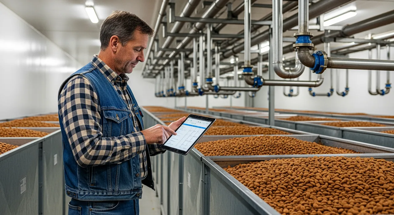California almond grower reviewing commodity prices on tablet inside refrigerated cold storage warehouse in Madera County
