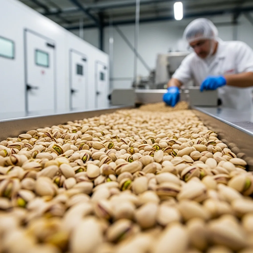 Pistachio quality inspection and sorting at Central Valley cold storage processing facility