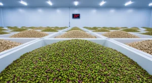 Premium California pistachios with green kernels in cold storage bins at Central Valley refrigerated facility near Madera
