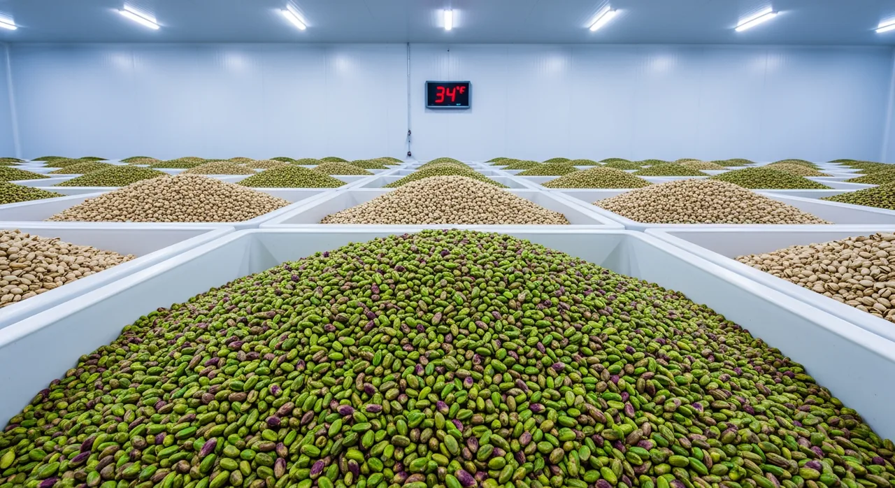 Premium California pistachios with green kernels in cold storage bins at Central Valley refrigerated facility near Madera